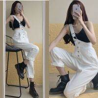 COD DSTGERTERERE One-shoulder overalls female student jeans autumn and summer 2020 new black white pants loose thin high-waist wide-leg