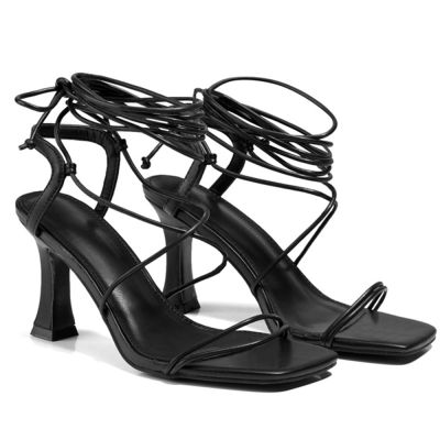 Black Women Strap Heels  Summer Heeled Sandals for Women Square Toe Slingback Stiletto Ankle Strap Gladiator Women Sandals