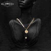 GLSEEVO Fashion Goth Asymmetric Baroque Pearl Tag Pendant for Women Wed Bridal Elegant Round Chain Neck Jewelry Accessories