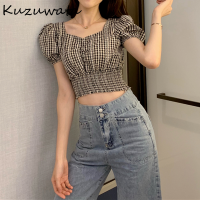 Kuzuwata Square Collar Sexy Clavicle Exposed Short Blouse Women Vintage Plaid Slim Fit Blusas Pullover Short Sleeve Pleat Shirt