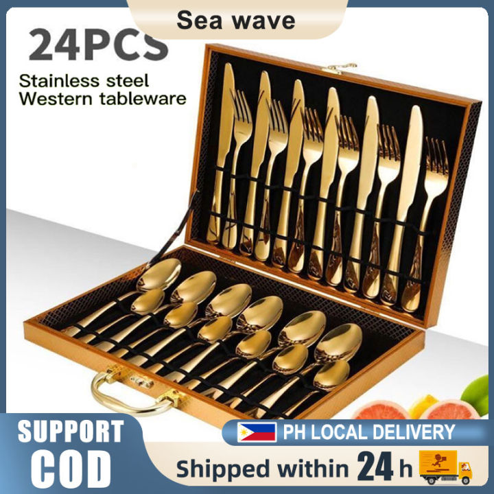 Wave 48-Piece Stainless Steel Flatware Cutlery Set, Gold Plated