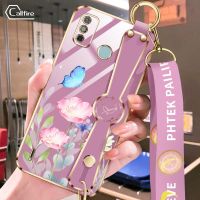 เคสโทรศัพท์คาลไฟสำหรับ Infinix Tecno Spark 6 Go Spark Go 2020 2021 KE5j KE5k แบบดอกไม้ผีเสื้อสายรัดข้อมือซิลิโคนเคลือบโลหะด้วยไฟฟ้าเชือกยาวป้องกันการตก