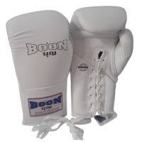 บุญมวยไทย นวมเชือก ทำจากหนังแท้  สีขาว BOON Boxing Gloves  8,10,12,14,16 oz Lace up Gloves  All White  Competition MuayThai MMA K1