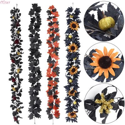 Artificial Black Rattan Maple Leaf Vine Halloween Indoor Wall Hanging Maple Leaf Black Vines Leaf Rose Garland Plants Leaves