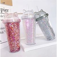 Sequined BPA Free Water Bottle With Straw Plastic Flash Cat Ear Double Wall Drinking Bottle  Coffee Juice Cup