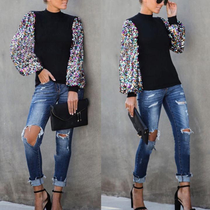 blouses-2020-fashion-mock-neck-patchwork-puff-sleeve-blouse-shirt-top