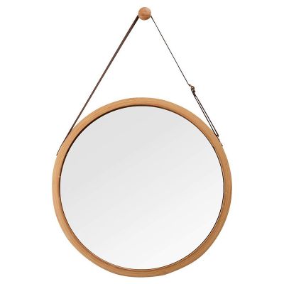 Hanging Round Wall Mirror in Bathroom &amp; Bedroom - Solid Bamboo Frame &amp; Adjustable Leather Strap