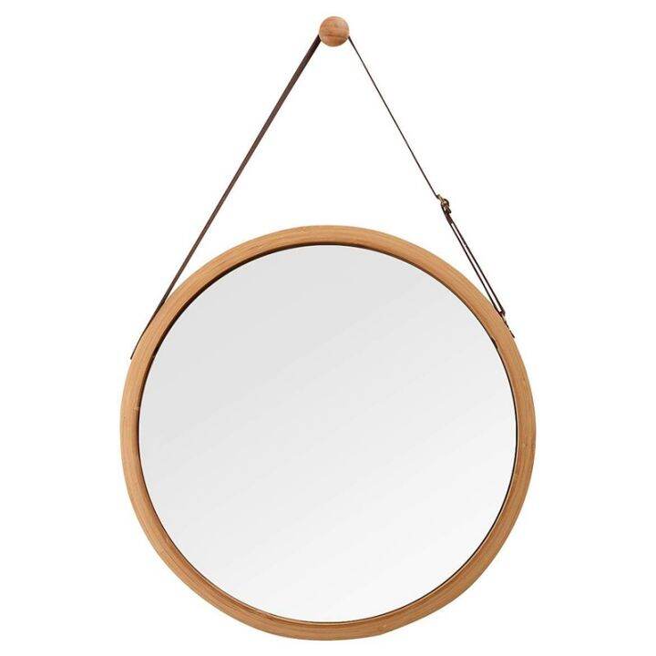 hanging-round-wall-mirror-in-bathroom-amp-bedroom-solid-bamboo-frame-amp-adjustable-leather-strap