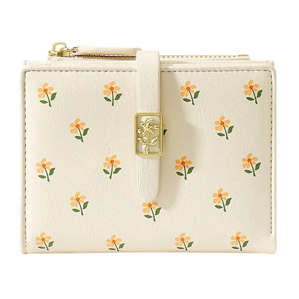 Wallet Women Soft PU Leather Female Coin Pocket Card Photo Holder Cute Small  Flower Tri-Fold Ladies Wallets-Green 