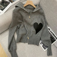 Chic Love Applique Casual Zip Up เสื้อสเวตเตอร์ถักผู้หญิงฤดูใบไม้ผลิแฟชั่น Hooded Cropped เสื้อกันหนาวเกาหลีแขนยาวเสื้อถัก Tops