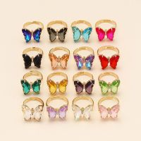 New Gorgeous 16 Colors Transparent Crystal Butterfly Rings Fashion Popular Adjustable Ring Romantic Female Jewelry Wedding Gift