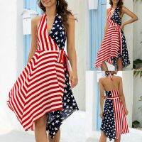 Women Dress Sexy Irregular Stitching Dress American Flag Pattern Printing Women Vintage Clothes Print Sleeveless