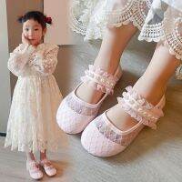 【Love ballet】เด็กลูกไม้ตาข่ายแฟลตรองเท้าสำหรับฤดูใบไม้ผลิหวาน Ruffles ไข่มุกเจ้าหญิงแต่งงานวันเกิดสาวแต่งตัวรองเท้ารองเท้าโรงเรียนที่เป็นของแข็ง