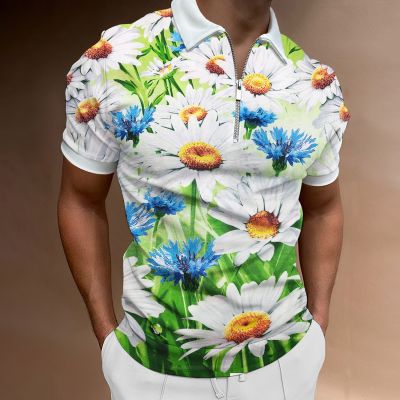 White Daisy Polo Shirt Pink Floral Print Casual Shirt Summer Streetwear T-Shirts Mens Short Sleeve Pattern Oversized Tops