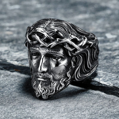 316L สแตนเลสผู้ชายแหวนคริสเตียนพระเยซูใบหน้าแหวนศาสนาพระเครื่องพังก์ร็อกสำหรับชาย BIKER แฟนเครื่องประดับของขวัญที่ดีที่สุด