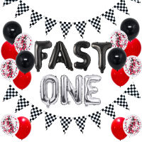 Sursursurprise Fast One Racing Birthday Party ตกแต่งลายสก๊อตสีดำและสีขาว Pennant Racing Theme สำหรับชาย1st วันเกิด Baby Shower Party Supplies