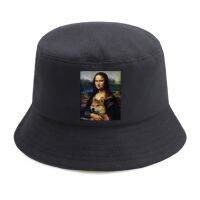 {You have a hat}Mona Lisa And Dog หมวกกระเป๋าแบบไม่เป็นทางการทรงถังฤดูร้อนแฟชั่นแนวสตรีทหมวกสีดำบังแดดหมวกชาวประมงผู้ชายผู้หญิงหมวกบักเก็ตทรงปานามา