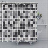 Mosaic Square พิมพ์ม่านอาบน้ำ 3D สีเทาเจาะม่านอาบน้ำกันน้ำผ้าโพลีเอสเตอร์ตกแต่งห้องอาบน้ำม่านชุดฝักบัว 180 * 180 ซม