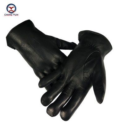 2021CHINGYUN2020 hot sale high quality leather real wool mens black Decorative stripes Winter Super Warm Wool Drawstring Gloves
