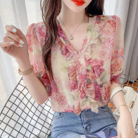 Chiffon Blouse Women Short Sleeve V Neck Floral Top Korean Style Fashion Elegant Loose Shirt