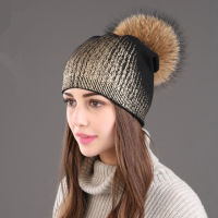 Real Raccoon Dog Fur Skullies Hats Fall Winter Warm Handcraft Knitting Wool Beanie Hats Outdoor Sports Skiing Women Fur Bonnets