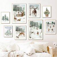 ⊙☄❖ กวางกระต่ายนกคริสต์มาสต้นสน Winter Wonderland Wall Art ภาพวาดผ้าใบโปสเตอร์และพิมพ์ภาพผนัง Kids Room Decor