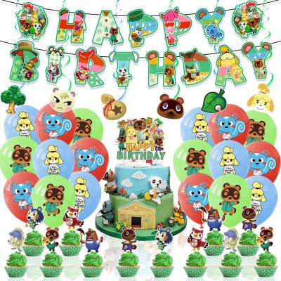 Animal Crossing New Horizons theme kids birthday party decorations banner cake topper balloons swirls set supplies