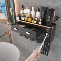 Toothbrush Holders for Bathrooms - Upgrade Wall Mounted Toothbrush Holder with Toothpaste Dispenser -4 Cups, Large Capacity Tray