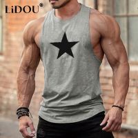 Fitness Outdoor Sport Running Climbing Sleeveless Star Print T Shirt Men Under Skin Muscle Power Gym Male Tees Loose Train Vest