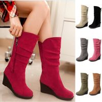 2021 New Fashion Women Mid Calf Snow Boots Zipper Warm Wedge Boots Botas De Mujer Plus Size Womens Boots