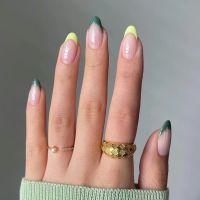 【With Glue】24Pcs French Fake Nails Green Acrylic Nails Wear Leopard Nail Art Design Press on Nails Waterproof Ballerina