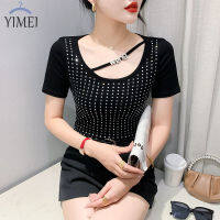 YIMEI เสื้อยืดผู้หญิงสีดำเพรียว Lengan Pendek Musim Panas,เสื้อยืดผู้หญิงแฟชั่นใหม่ฤดูร้อนเสื้อยืดสั้นเพชรร้อนแรงดีไซน์2023คอสี่เหลี่ยมสวยเสื้อคอตตอนผู้หญิง