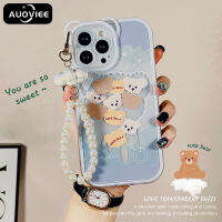 AUOVIEE เคสโทรศัพท์แบบใสหูหมีลายตารางน่ารักพร้อมสร้อยข้อมือสำหรับ iPhone 13 12 14 11 Pro MAX X XS Max XR Funda IPhone11ฝาหลังรูปการ์ตูนเคสโทรศัพท์อ่อนใส