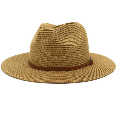 HT3582ผู้ชายผู้หญิงฤดูร้อนดวงอาทิตย์หมวก U nisex ชายหาดหมวกเข็มขัดหนังปีกหมวกชายหาดชายหญิงฟลอปปี้ฟางปานามาหมวก fedoras