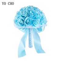 YO CHO Bridal Wedding Bouquet Artificial PE Rose Flower Fake Pearl Bouquet Blue Bridesmaid Marriage Wedding Supplies Decorations