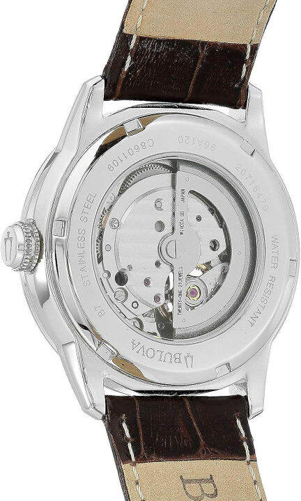 bulova-classic-automatic-mens-stainless-steel-with-leather-strap-silver-tone-silver-tone-brown-strap