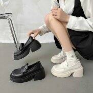 Giày lười nữ đế dày cao 7cm, giầy oxford cao gót da lì màu kem ISS1086