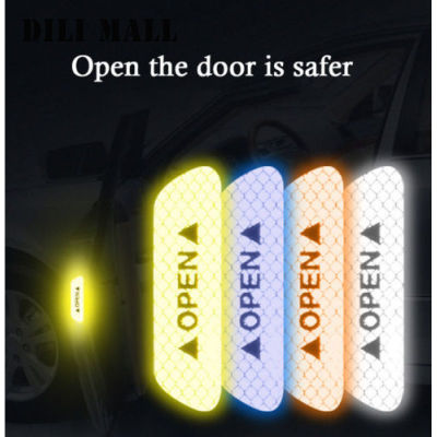 4ชิ้นประตูรถอัตโนมัติเปิดกาวสติ๊กเกอร์สะท้อนแสงเพื่อความปลอดภัยรูปลอกเตือนกันรอยป้องกันการกระแทกสากล