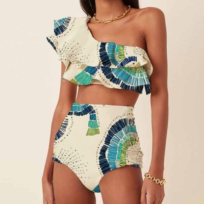 【JH】 Print Ruffle Swimsuit Fashion Shoulder Tube Top Piece Waist Tummy Tight Beachwear 2023
