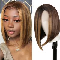 Short Bob Straight Synthetic Lace Wigs Highlight Ginger Mix Brown for Black Women Cosplay Natural Ombre Blonde Front Lace Wig [ Hot sell ] Decoration Center