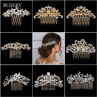 BLIJERY Fashion Gold Color Pearls Crystal Floral Hair Combs for Women Brides Headpiece Bridal Wedding Hair Accessories Gifts