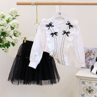 Girls Bow Tie Shirt and Mesh Skirt Two-piece Suit Toddler Clothes Kids Boutique Clothing Wholesale Kids Clothes Fashion Clothes