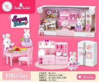 Sugar free เฟอร์นิเจอร์สำหรับบ้านตุ๊กตากระต่ายหนูหมีกระกรอก Bay Dreamy แบบ Sylvanian เป็นเซ็ทชุดห้องครัว เซ็ทใหญ่ มีตุ๊กตากระต่ายขาว 1 ตัว เคาท์เตอร์ครัว โต๊ะอาหาร ตู้เย็น และอุปกรณ์มากมาย ช่วยเสริมสร้างจินตนาการ เหมาะกับเด็ก 3 ขวบขึ้นไป