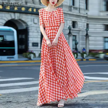 INWPLLR New Fashion Women Dress Checkered Dress Retro Elegant Square Collar  Dress Fashion Ladies Plaid Buttons Long Dresses