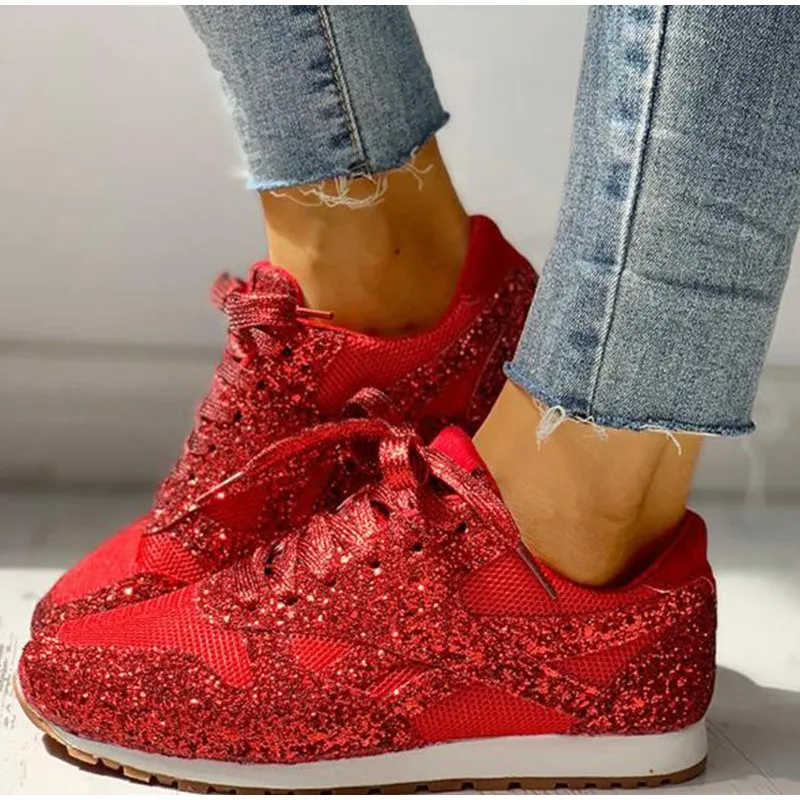 Women Flat Glitter Sneakers Casual Bling Vulcanized Shoes Female