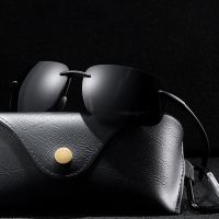 【cw】hot Men 39;s Rimless Sunglasses Set Leather Glasses ！