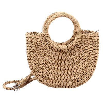 Straw Woven Bag Handmade Rattan Woven Vintage Retro Straw Rope Knitted Women Crossbody Handbag With Ring Fresh Summer Beach Bag
