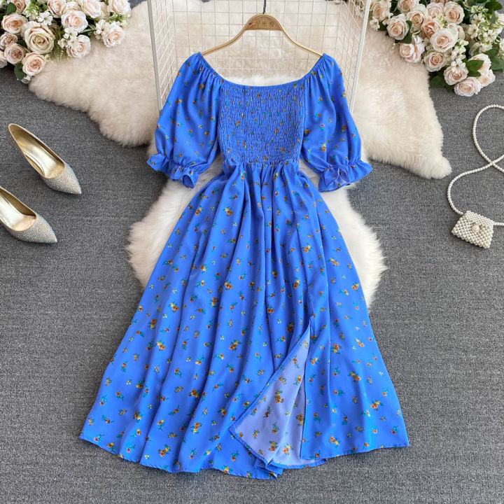 yuoomuoo-2023-new-summer-romantic-floral-print-women-dress-elegant-puff-sleeve-elastic-waist-party-vestidos-vacation-lady-robe