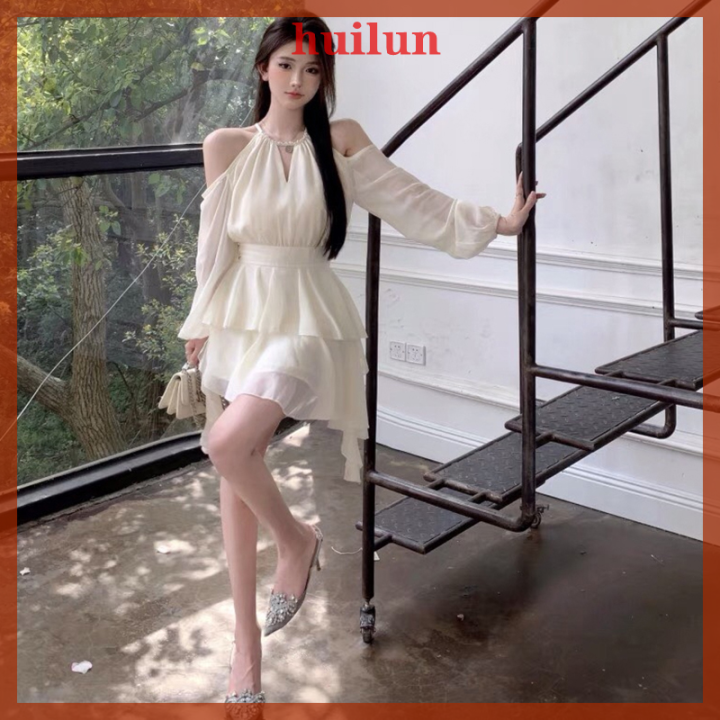 huilun-ชุดเดรสสั้นผู้หญิงรัฟเฟิลเป็นชั้นเสื้อคล้องคอปิดไหล่ชุดนางฟ้าสไตล์ฝรั่งเศส