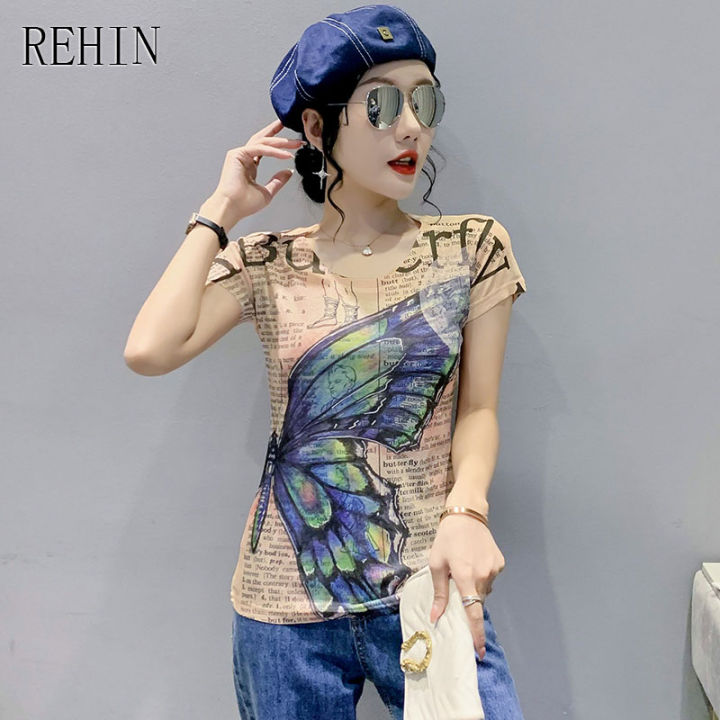 rehin-ผู้หญิงฤดูร้อน2022ฤดูร้อนใหม่แฟชั่นที่ไม่ซ้ำกันพิมพ์สั้นเสื้อยืด-bottoming-เสื้อ-s-3xl-slim-fit-เสื้อ